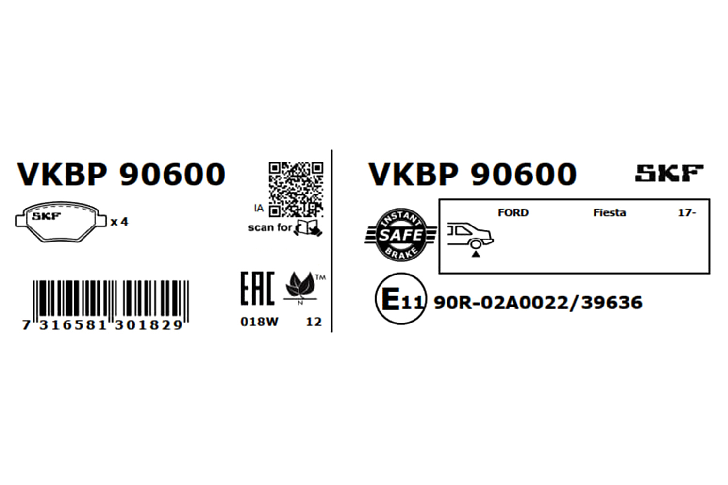 Комплект тормозных колодок, дисковый тормоз - VKBP 90600 SKF